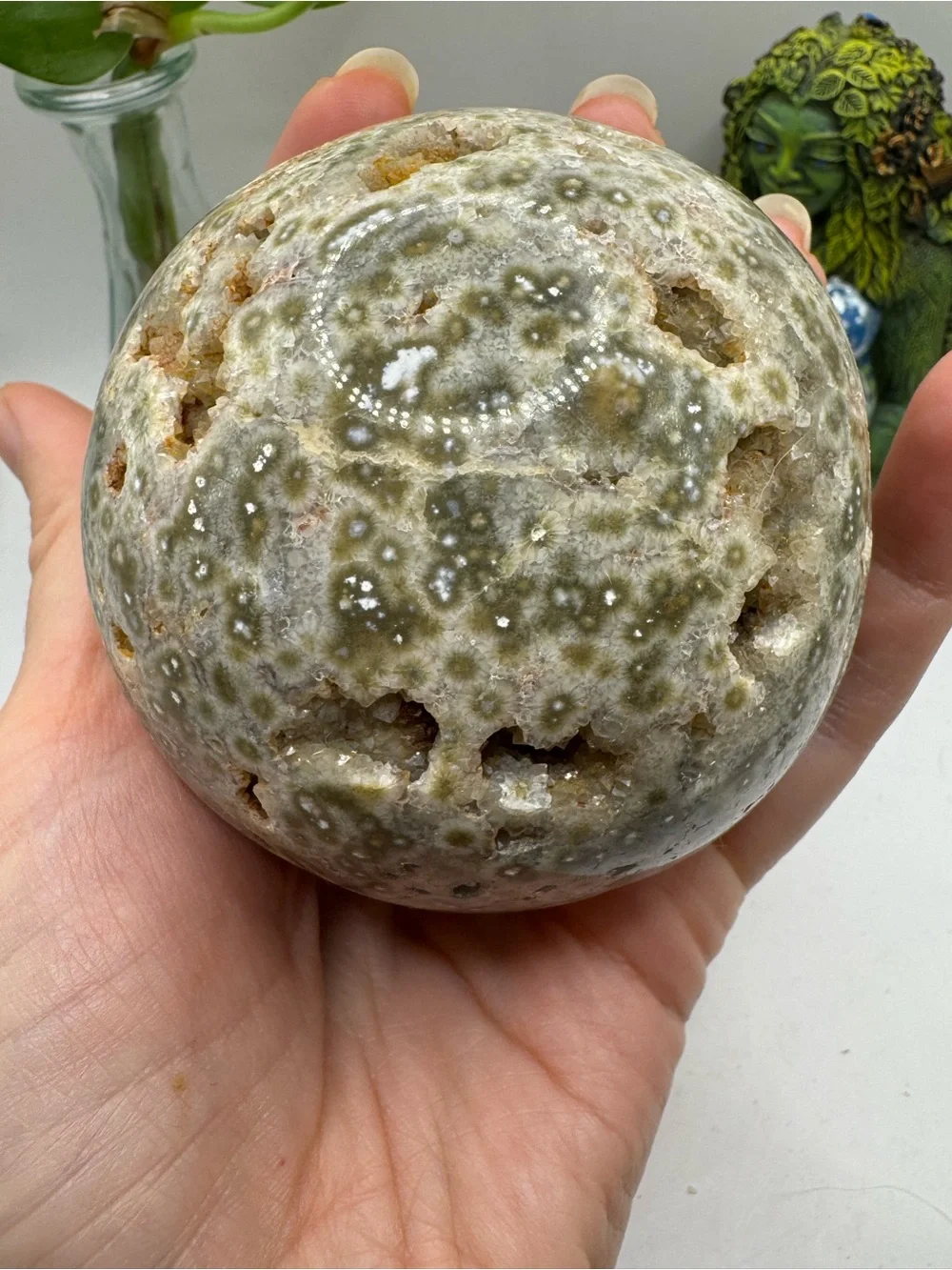 Natural Green-White ocean jasperGeode Sphere - Decorative Reptile Habitat Accent